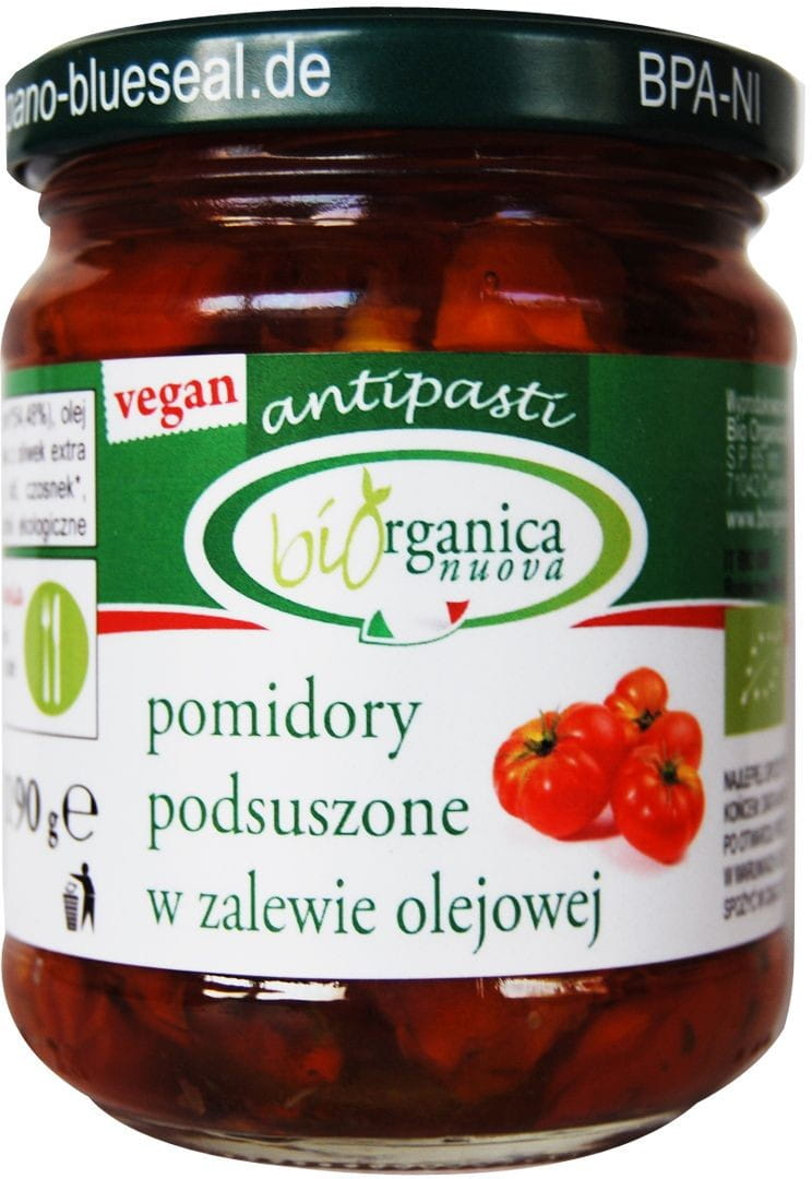 Getrocknete Tomaten in Öl, BIO, von BIOORGANICA NUOVA, 190 g, mit rotem Fruchtfleisch und grünen Zweigen im Glas.