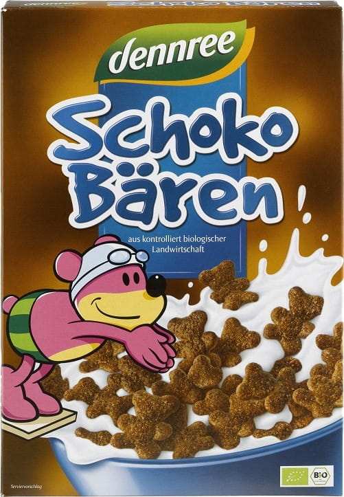 Bio Frühstücksflocken mit Schokolade von DENNREE, 250 g, zeigt die schokoladigen Getreideflocken in einer Schüssel.