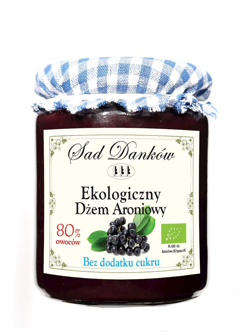 Bio Aroniamarmelade ohne Zucker von SAD DANKÓW, 260 g, Glas mit dunkler Marmelade und Etikett sichtbar.