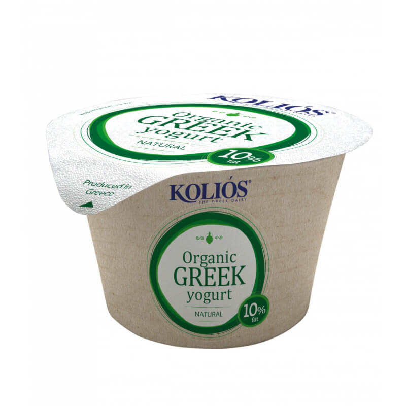 Griechischer Joghurt mit 10% Fett von KOLIOS, Bio, 150 g, cremige Textur in einem Becher.