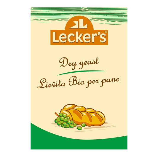 Biologische Trockenhefe von LECKER'S in 9 g Packung, fein gemahlene Hefe für Backrezepte, Nahaufnahme der Hefe im Beutel