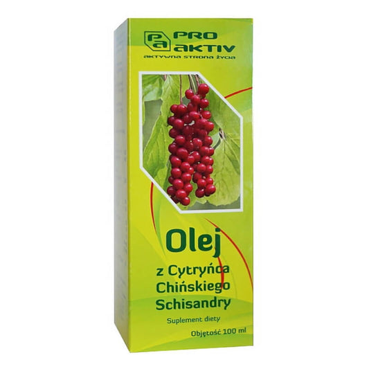Chinesisches Schisandrasamenöl in 100ml Flasche von PRO AKTIV, braune Glasflasche mit weißem Etikett, Nahaufnahme