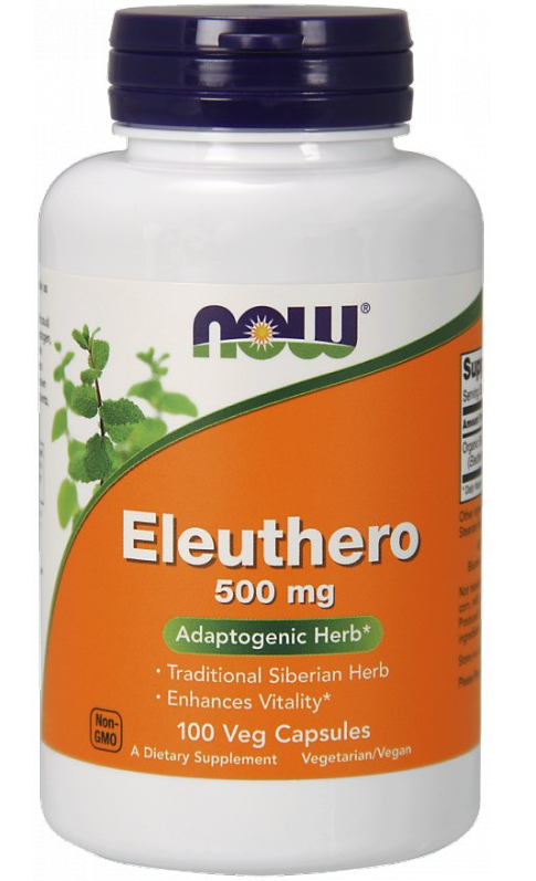 Hülsen mit Eleutherococcus Wurzelkapseln von NOW FOODS, 500 mg, 100 Kapseln, Nahaufnahme der Produktverpackung