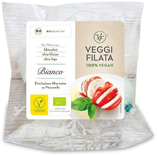 Veganes BIO Mozzarella A'LA VEGGI FILATA, 120 g, cremige vegane Käsealternative in einer weißen Verpackung