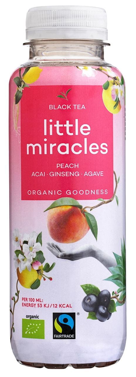 Energiegetränk mit BIO-Schwarztee-Geschmack in 330 ml Dose von LITTLE MIRACLES DRINK, erfrischend und biologisch.