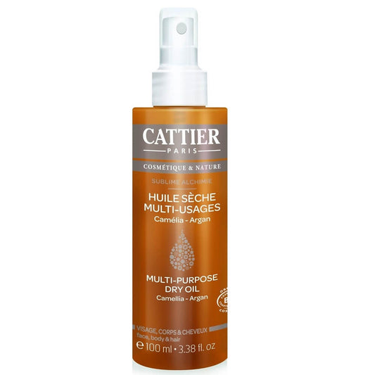 Feuchtigkeitsspendendes Trockenöl für Körper, Gesicht und Haare von CATTIER, 100 ml, flüssige Textur in dunkler Flasche