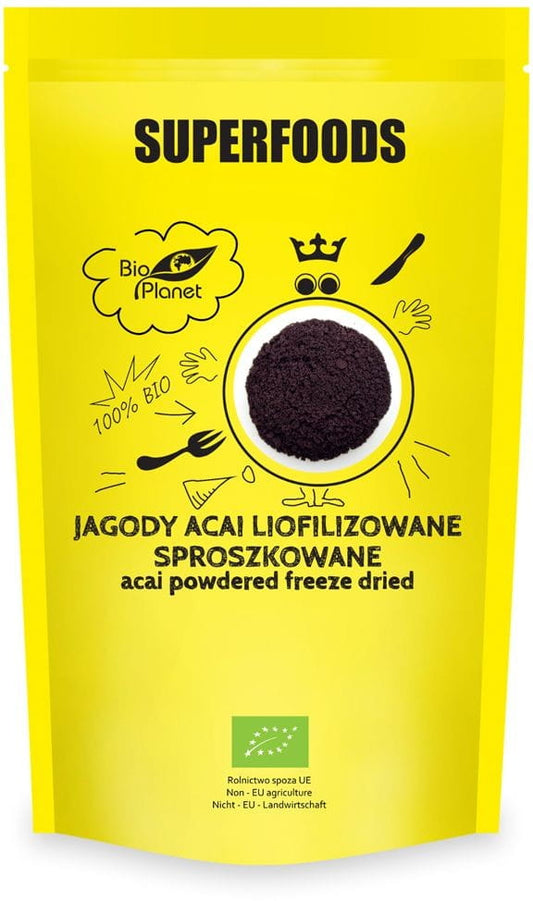 Gefriergetrocknete, pulverisierte Bio-Açaí-Beeren in 100 g Packung von BIO PLANET, dunkle Beeren im Beutel sichtbar