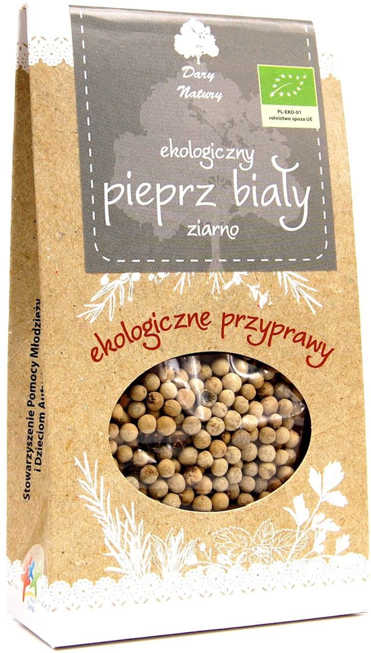Weiße Bio-Pfefferkörner von DARY NATURY in einer offenen Verpackung, frische und hochwertige Gewürze in 30 g Dose.