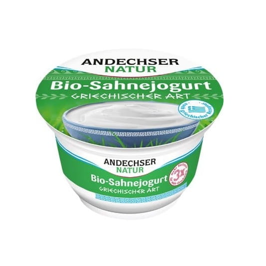 Griechischer Bio-Joghurt von ANDECHSER NATUR, 200 g, mit 10 % Fett, cremige Textur in der Packung sichtbar
