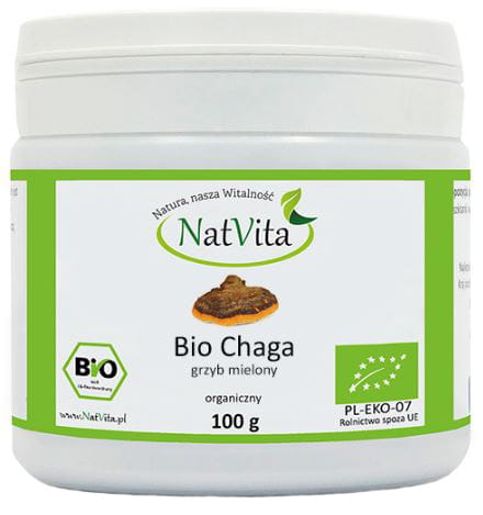 Gemahlener Chaga-Pilz Birkentumor BIO von NATVITA, 100g, naturbelassener Vitalpilz in einer transparenten Verpackung.