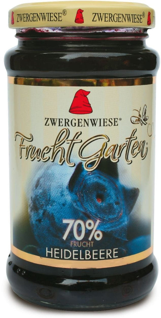 Glas Heidelbeermousse von ZWERGENWIESE mit 70% Fruchtanteil, glutenfrei und biologisch, 225 g.