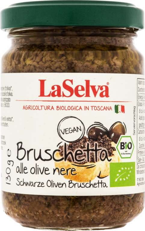 Schwarze Oliven Bruschetta von LASELVA, Bio, 130 g, cremige Olive-Tomaten-Kombination auf rustigem Baguettebrot