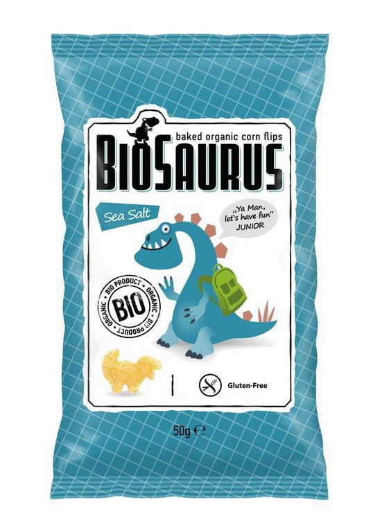 Dinosaurier-Maischips mit Meersalz von BIOSAURUS, glutenfrei, BIO, 50 g, knusprige Snacks in Dinosaurierform