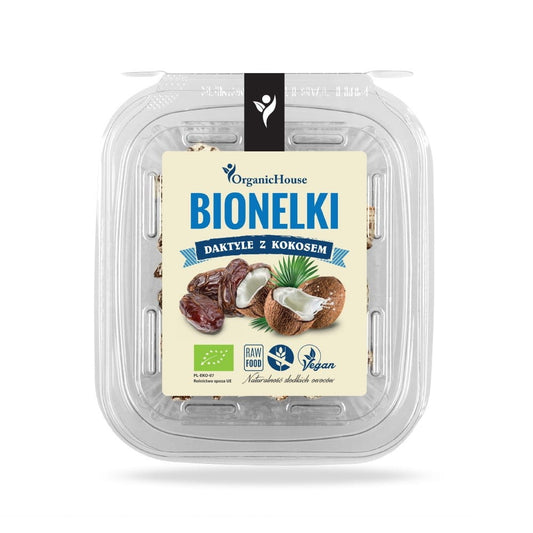 Bio Datteln mit Kokos von ORGANICHOUSE, 80 g, natürliche Trockenfrüchte mit Kokosgeschmack, frisch und lecker.