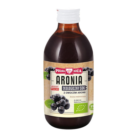 Bio Aroniensaft von POLSKA ROŻA in 250 ml Flasche, dunkle Beeren und frisch gepresster Saft sichtbar
