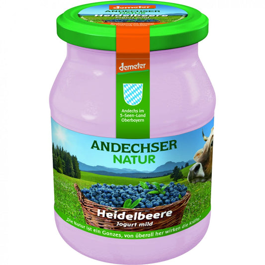 Heidelbeerjoghurt von ANDECHSER NATUR, Bio-Demeter, 500 g mit frischen Heidelbeeren und cremiger Joghurttextur.