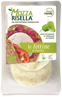 Veganer Mozzarella aus gekeimtem Vollkornreis mit Basilikum, in Scheiben, Bio-Qualität, von MOZZARISELLA, 80 g