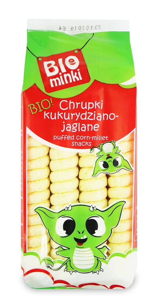 Bio Maischips mit Hirse, glutenfreie Spiralen in 60 g Packung von BIOMINKI, knusprige und gesunde Snacks.