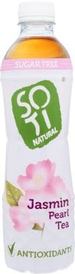 Jasmin-Teegetränk in 530 ml Flasche von SOTI, erfrischendes Getränk mit Jasmin-Aroma, sichtbar in der Flasche.