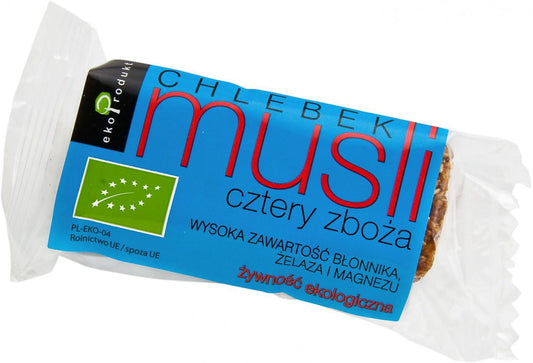 Brotmüsli 4 Körner BIO von EKOPRODUKT, 50 g, mit verschiedenen Körnern in einer Schüssel.