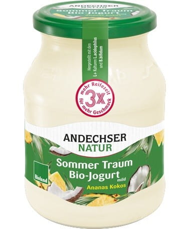 Bio Ananas Joghurt mit Kokos, 37% Fett, 500 g von ANDECHSER NATUR, cremige Frucht- und Kokosnussmischung in Becher