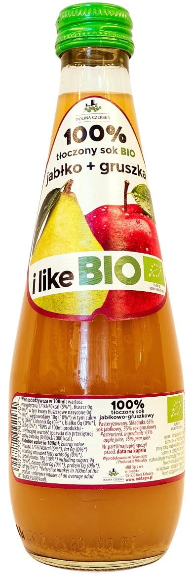 Bio Apfel- und Birnensaft von DOLINA CZERSKA in 300 ml Flasche, frisch und naturbelassen, zeigt die Saftflasche vor einem weißen Hintergrund.