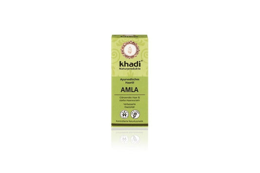 Amla Haaröl von KHADI in 10 ml Flasche, biogo Marke, zeigt das flüssige Haarpflegeöl in einer transparenten Verpackung
