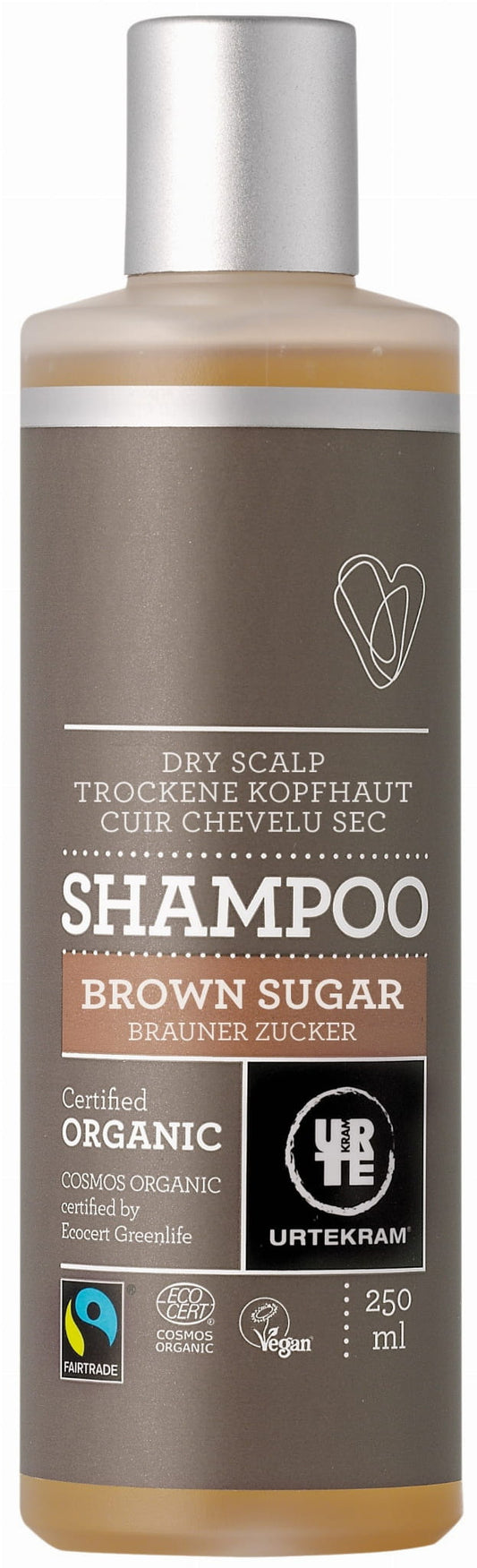 Bio brauner Zucker Shampoo von URTEKRAM für trockene Kopfhaut, 250 ml, mit natürlicher Pflege und feuchtigkeitsspendender Wirkung.