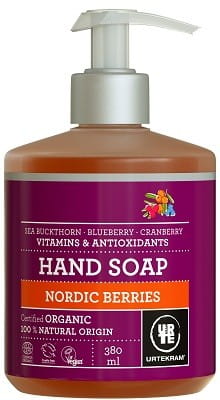 Nordische Heidelbeer-Handseife BIO von URTEKRAM, 380 ml Flasche mit blauer Flüssigseife und Heidelbeer-Design.