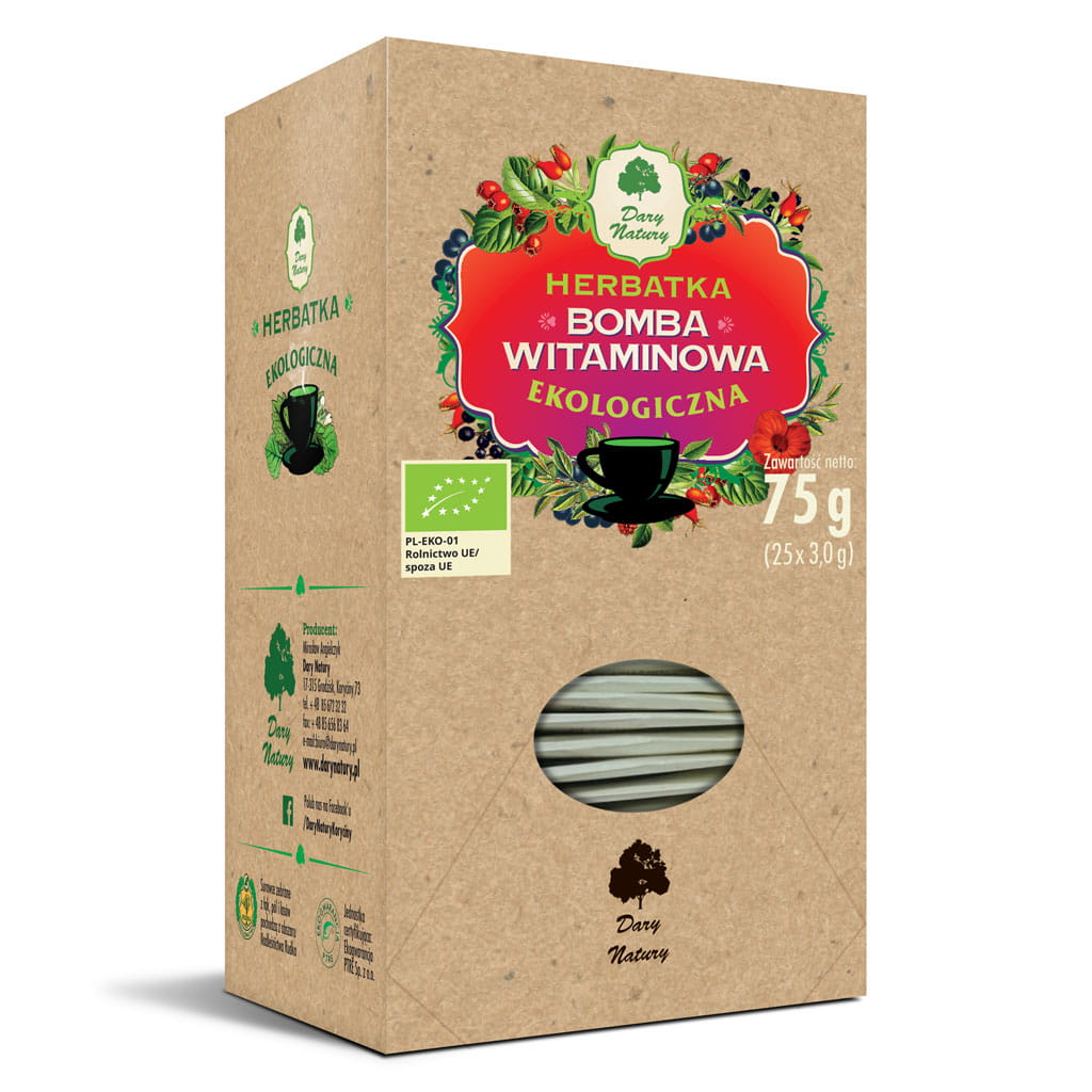 BIO-Vitaminbombentee von DARY NATURY, 25 Beutel à 3 g, frischer Kräutertee mit natürlichen Vitaminen.