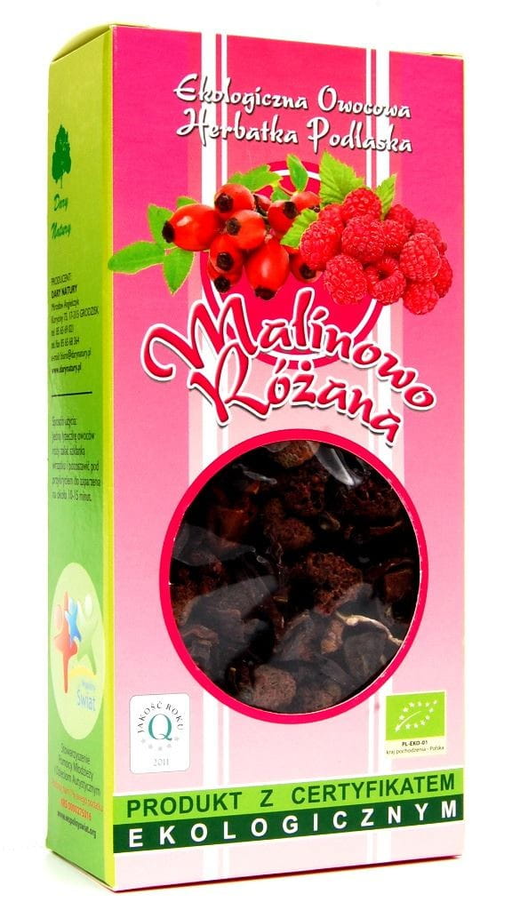 Bio Himbeer- und Rosentee von DARY NATURY, 100 g, mit frischen Himbeer- und Rosenblüten, in einer transparenten Packung sichtbar