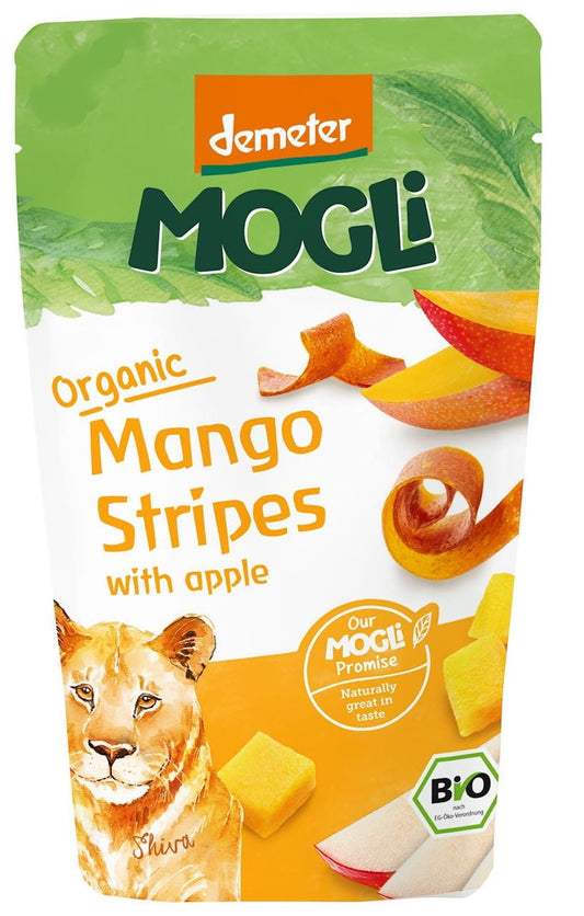 Bio Apfelsnack Mango mit Flohsamenschalen von MOGLI, 25 g, fruchtig und ballaststoffreich in einer praktischen Verpackung.