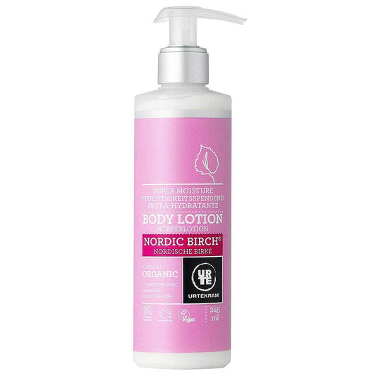 Nordische Birke Körperlotion von URTEKRAM in 245 ml Flasche, feuchtigkeitsspendende Pflege mit natürlichen Inhaltsstoffen.