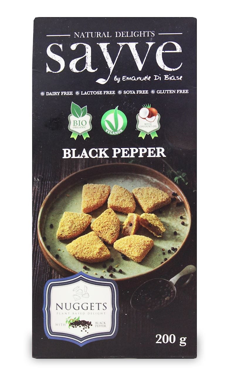 Vegane Kichererbsen-Nuggets mit schwarzem Pfeffer, glutenfrei, laktosefrei und biologisch, in 200 g Verpackung von SAYVE