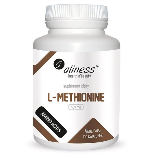 L-Methionin Kapseln von ALINESS, pflanzliche Nahrungsergänzung mit 500 mg Methionin, 100 Kapseln in einer Dose.