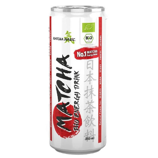 Grüner Tee Matcha Energy Drink von MATCHA MAGIC, glutenfrei, BIO, 250 ml, in einer Dose.