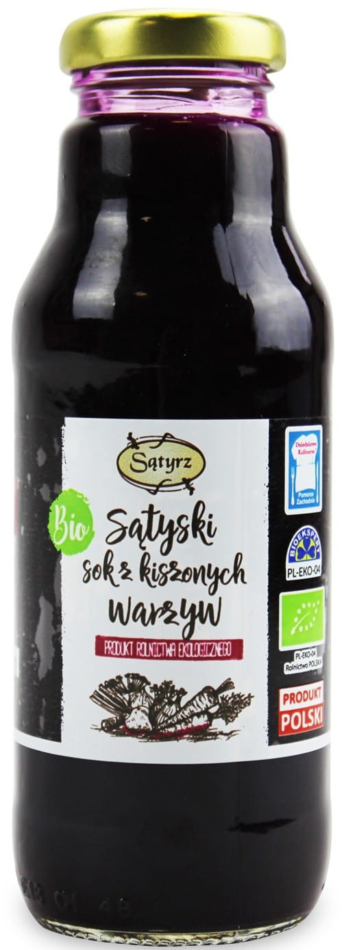 Bio eingelegter Gemüsesaft von SĄTYRZ in 300 ml Flasche, zeigt die offene Flasche mit buntem Gemüse im Saft.