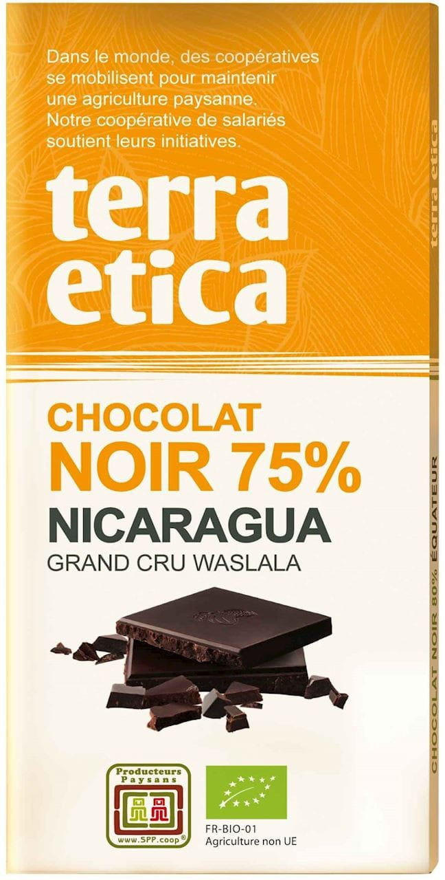 Zartbitterschokolade 75% Nicaragua, fair gehandelt und bio, TERRA ETICA, 100 g, mit dunkler Schokoladentafel.