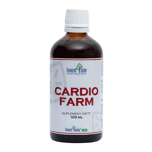 Flüssiges Cardio Farm Oral Fluid von INVENT FARM SP. Z O. O., 100 ml, in einer Flasche auf weißem Hintergrund.