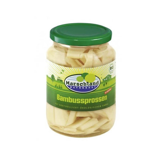 Bambussprossenstreifen in Salzlake von MARSLCHLAND NATURKOST, BIO, 350 g, frische und salzige Bambussprossen in Glas.