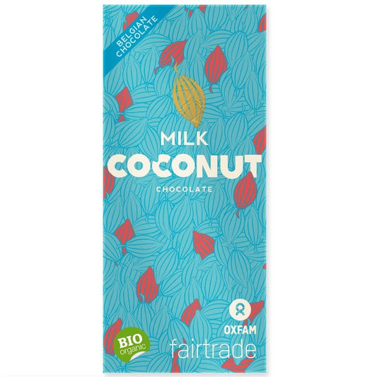 Vollmilchschokolade mit Kokosflocken von OXFAM, Fairtrade und BIO, 100 g, zeigt Schokoladentafel mit Kokosstücken
