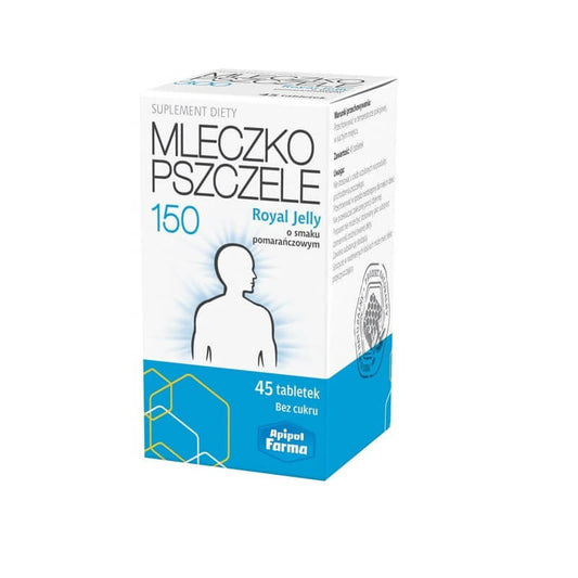 Gelée Royale 150 mg Orangengeschmack, 45 tabletten, ohne Zucker, von APIPOL FARMA, zeigt die Verpackung mit Tabletten.