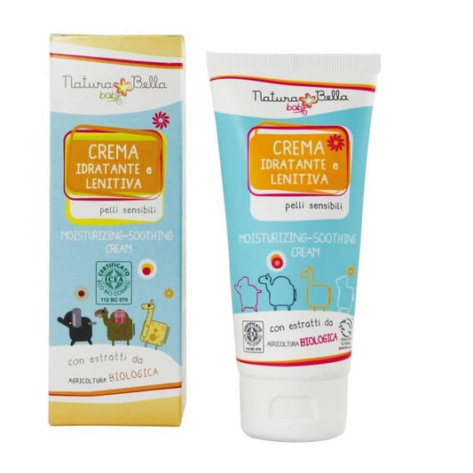 Feuchtigkeitscreme von NATURA BELLA BABY für Gesicht und Körper, beruhigend und feuchtigkeitsspendend, in 100ml Tube.