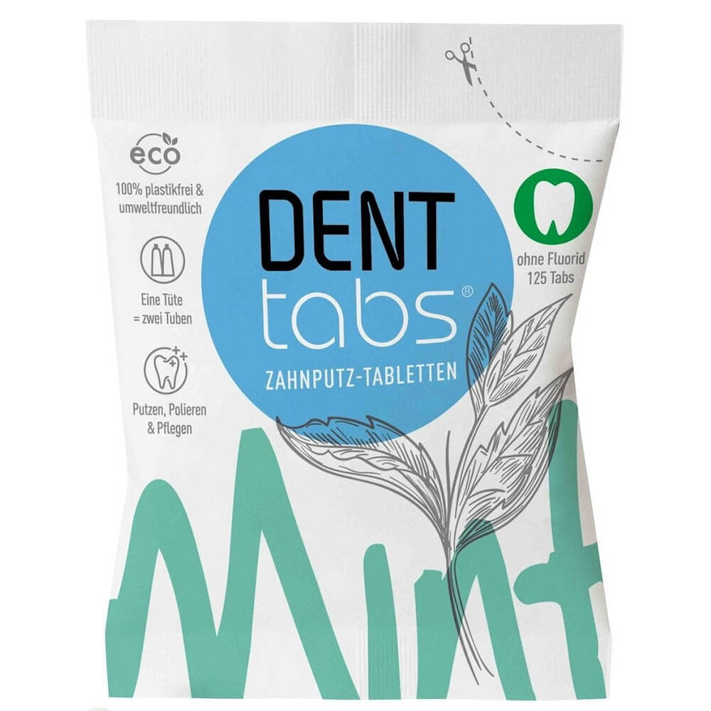 DENT TABS fluoridfreie Zahnreinigungstabletten, 125 Stück, zum Zähneputzen, natürliche Zahnpflege, Verpackung mit Tabletten
