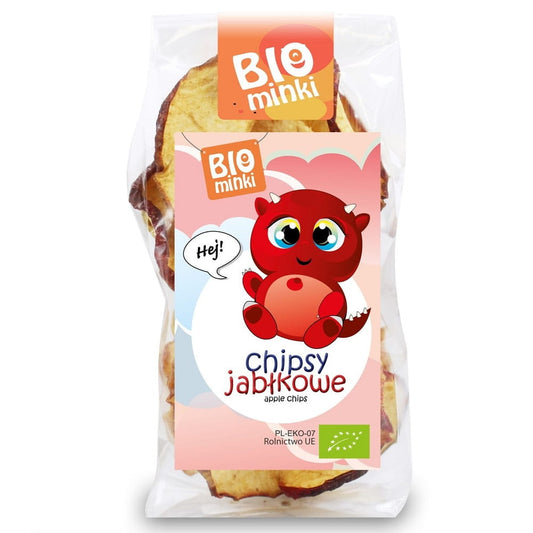 Bio Apfelchips in 30 g Packung von BIOMINKI, knusprige und gesunde Apfel-Snacks auf dem Bild.