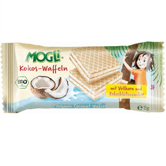 Bio Kokoswaffel von MOGLI, 15 g, knusprige Waffel mit Kokosgeschmack, sichtbar in der Verpackung.