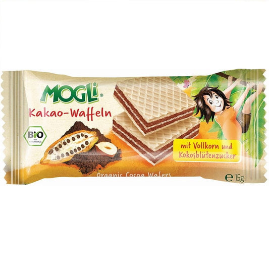 Bio Kakaowaffel von MOGLI, 15 g, knusprige Waffel mit kakaofruchtigem Geschmack, auf dem Bild zu sehen