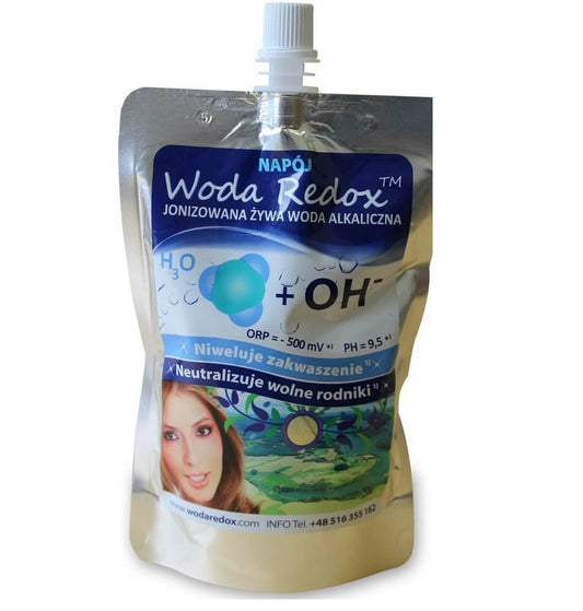 Ionisiertes alkalisches Redox-Wasser PH 9,5 von WODA REDOX in 240 ml Flasche, sichtbare Wasserflasche mit rotem Etikett