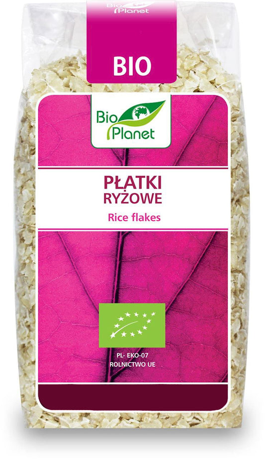 Bio-Reisflocken von BIO PLANET, 300 g, nahaufnahme der getrockneten Reisflocken in einer Schüssel