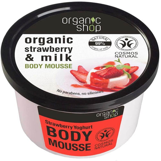 Erdbeer-Joghurt-Körpermousse von ORGANIC SHOP in 250 ml Flasche, cremige Textur mit Erdbeer- und Joghurt-Ingredienzien
